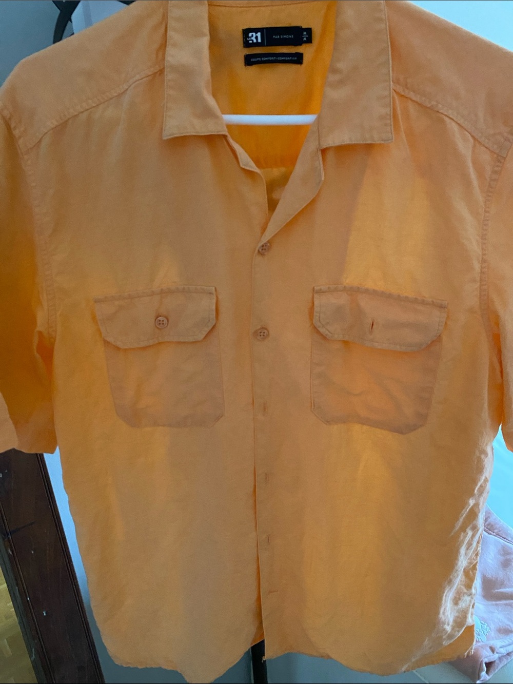 31 Orange Casual Short-Sleeve Button-Down Shirt  / linen lyocell combination.
